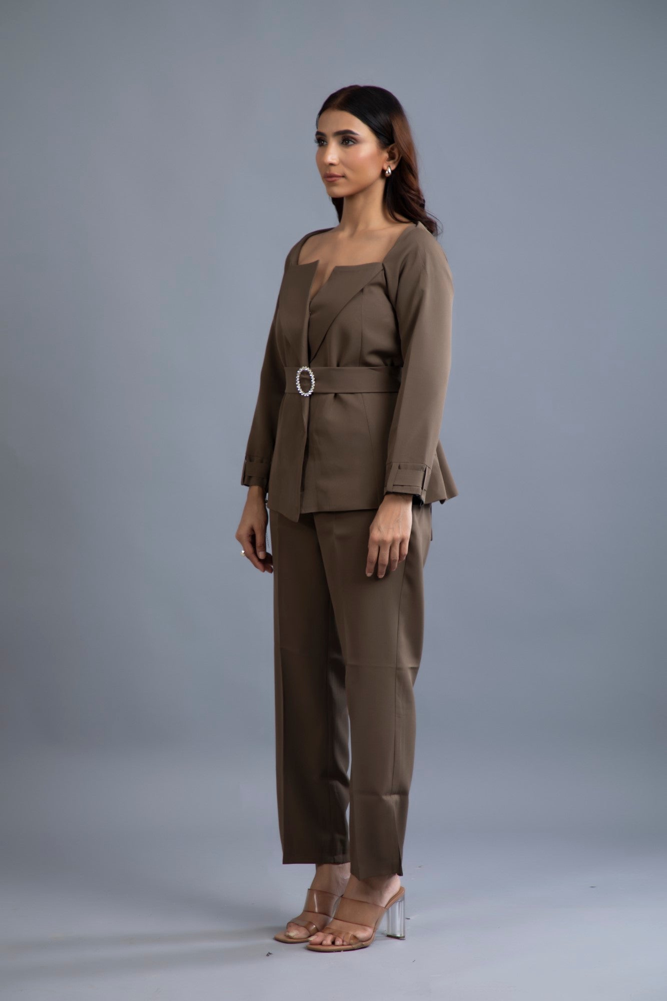 Espresso Elegance Belted Suit