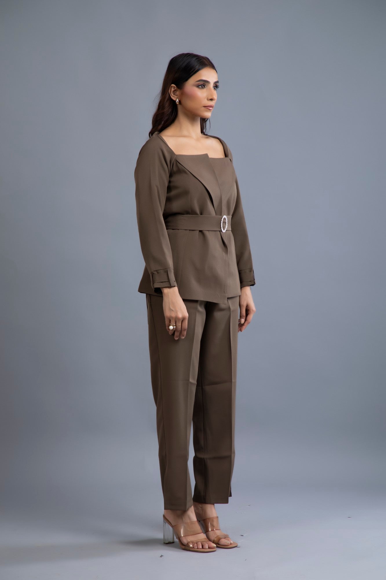 Espresso Elegance Belted Suit