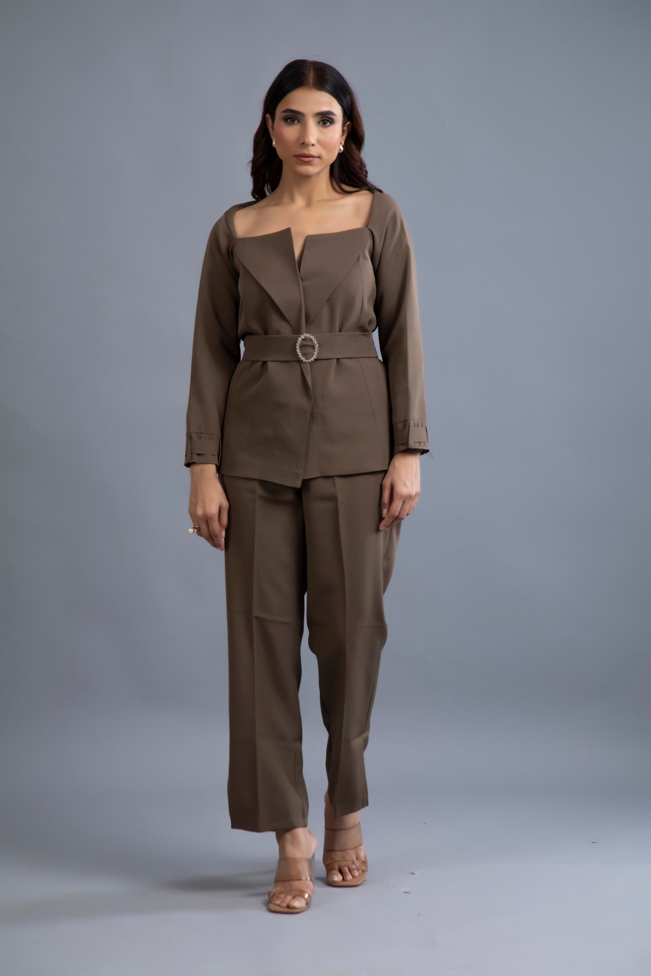 Espresso Elegance Belted Suit