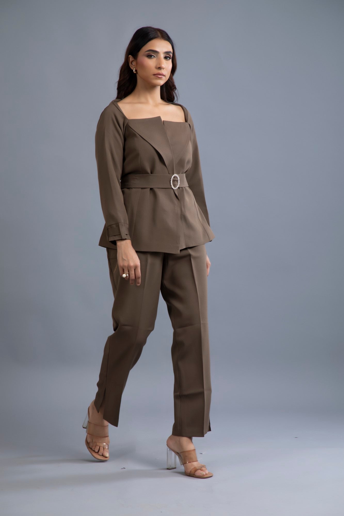 Espresso Elegance Belted Suit