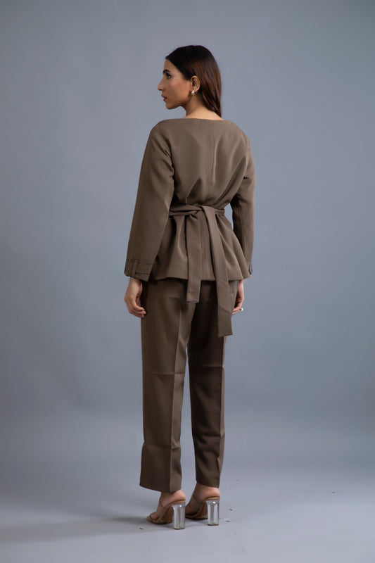 Espresso Elegance Belted Suit