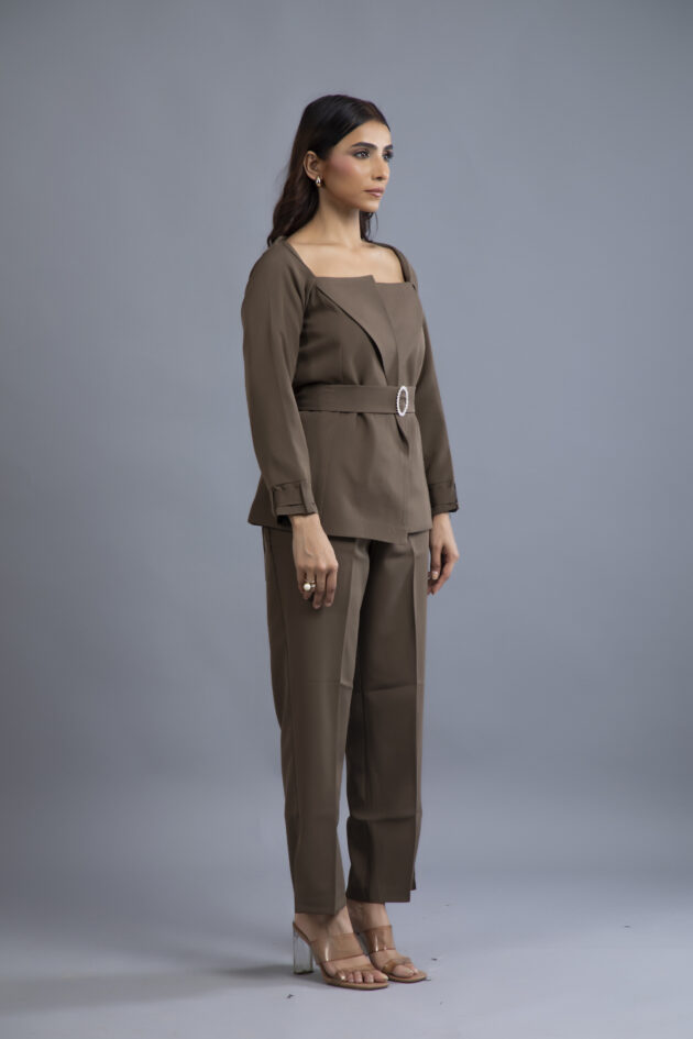 Espresso Elegance Belted Suit - Image 3