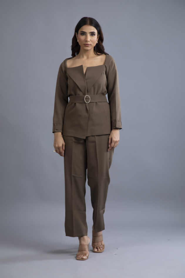 Espresso Elegance Belted Suit